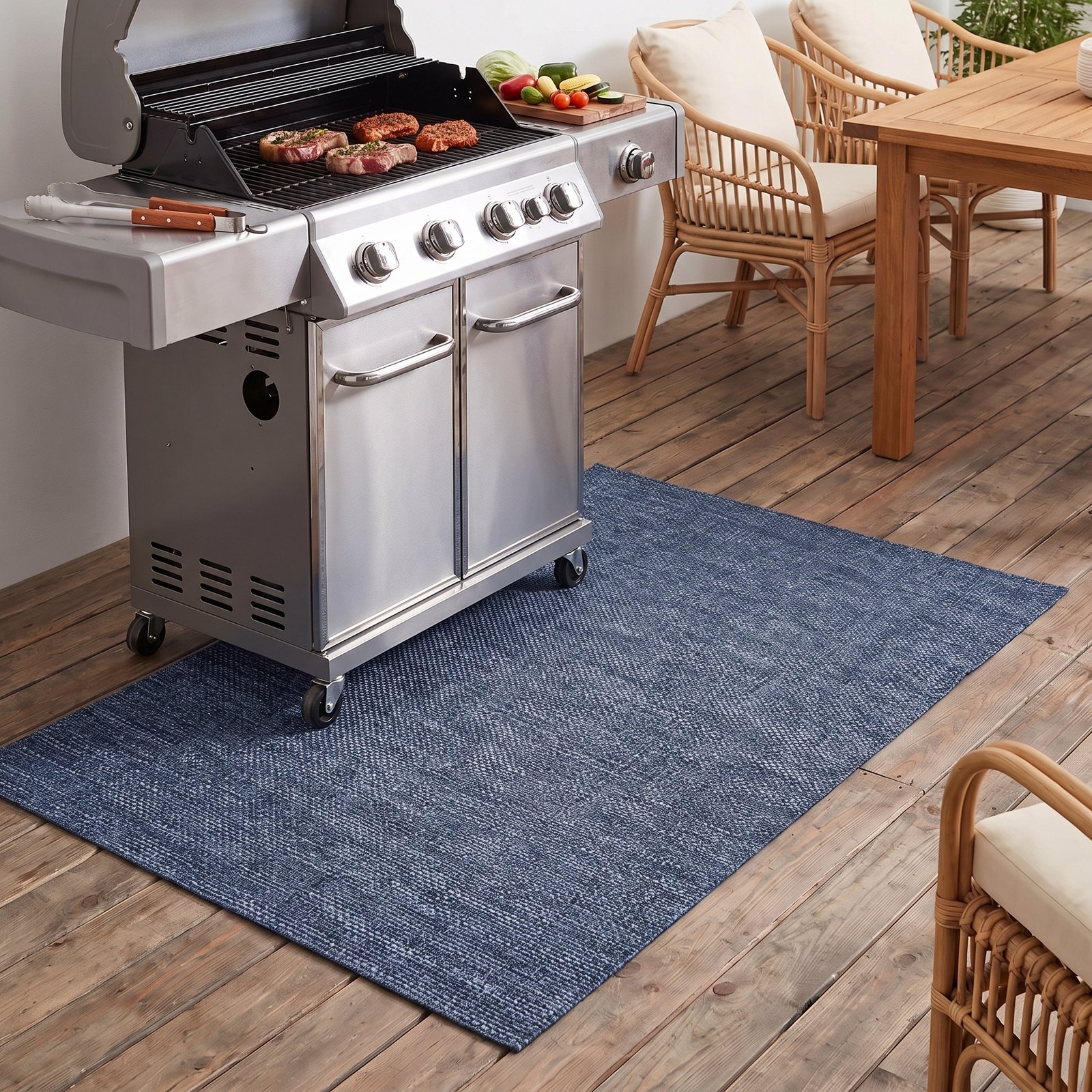 Farbwelten-Vergleich — Arezzo Denimblau unter dem Gasgrill auf der Terrasse