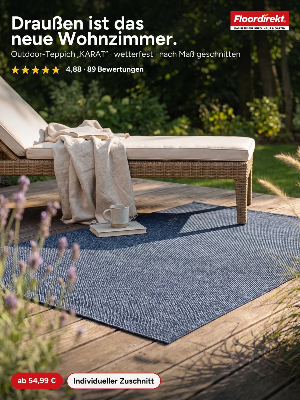 Social-Media-Anzeige — Arezzo Gartendeck mit Hook „Draußen ist das neue Wohnzimmer.“, 5-Sterne-Bewertungen, Preis-Chip