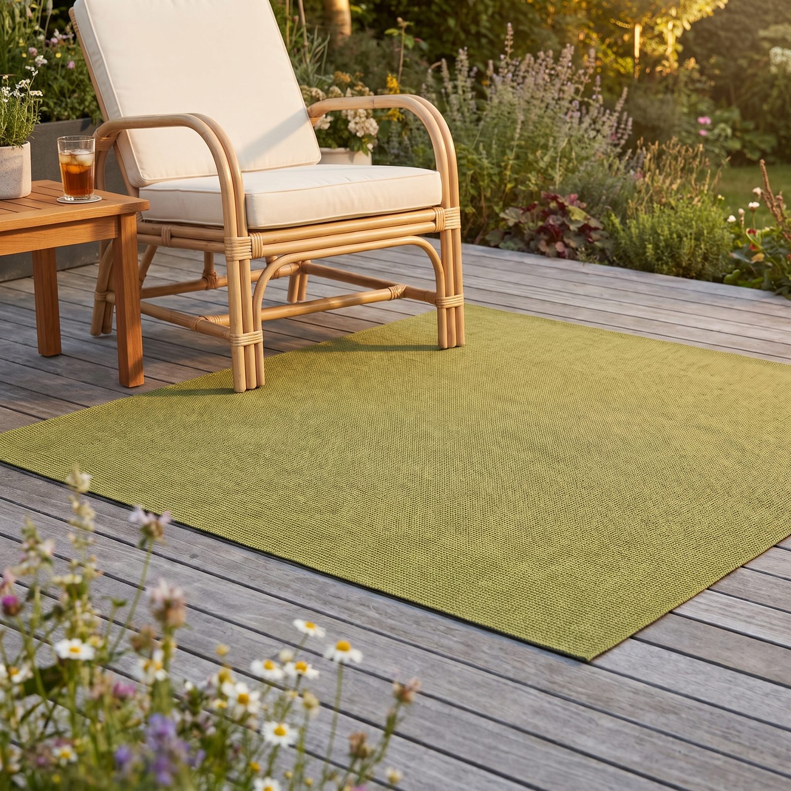Aversa — Terrassendeck zur goldenen Stunde, Lounge-Sessel, Wildblumen