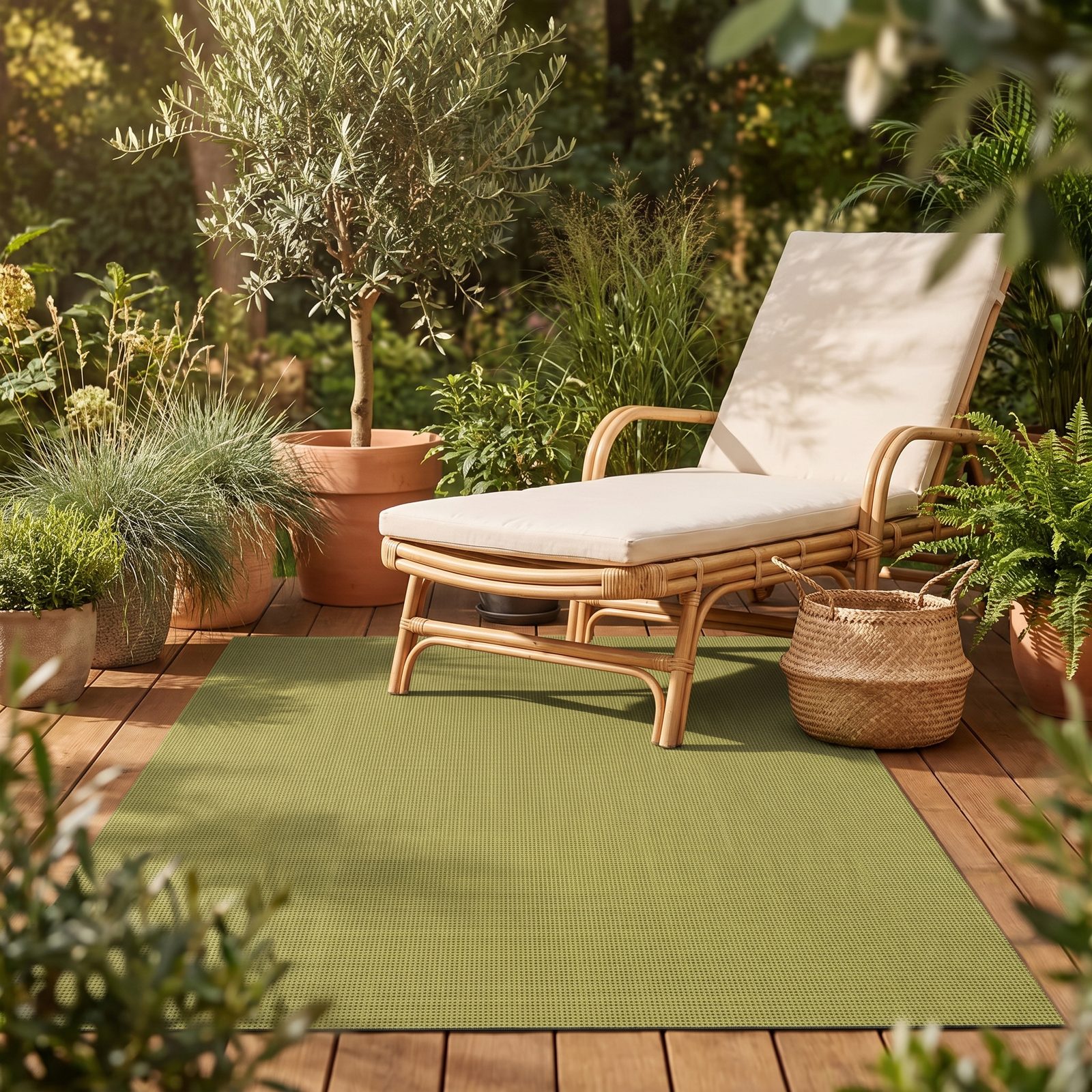 Aversa — dicht bepflanzte Terrasse, Rattan-Sessel auf dem Teppich