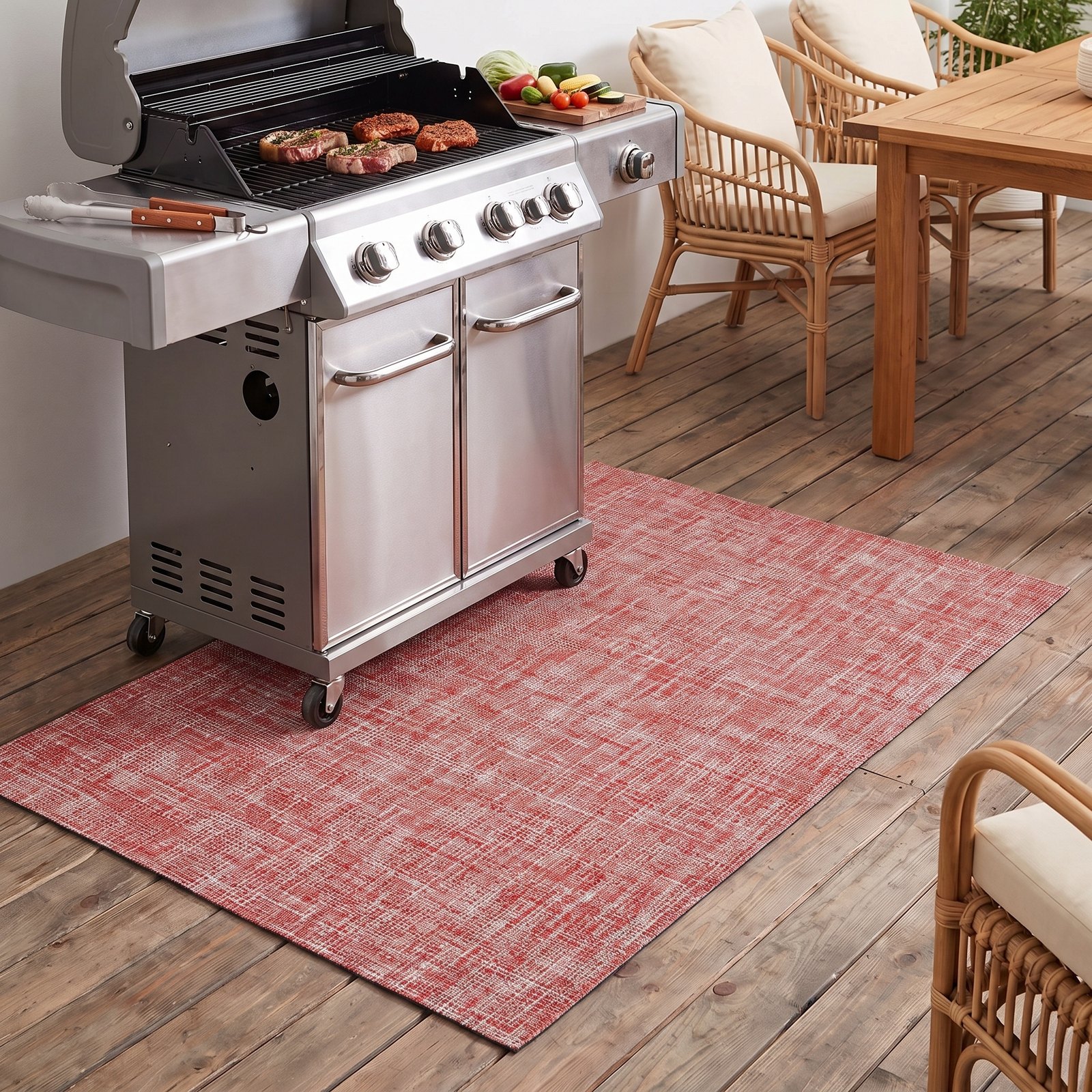 Farbwelten-Vergleich — Monza Korallenrot unter dem Gasgrill auf der Terrasse